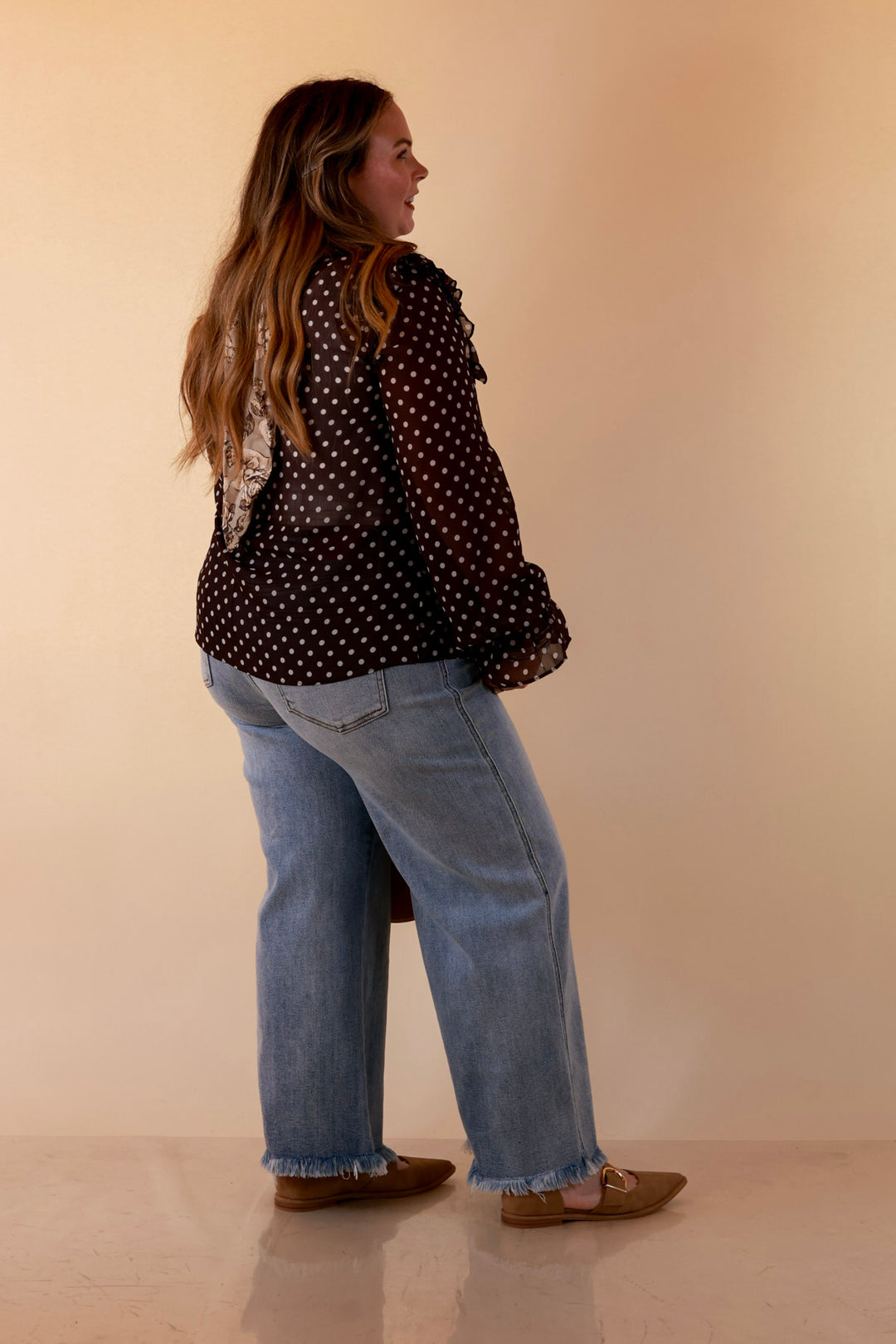 Finer Things Long Sleeve Sheer Ruffle Polka Dot Print Blouse with Balloon Sleeves in Chocolate Brown with White Dots