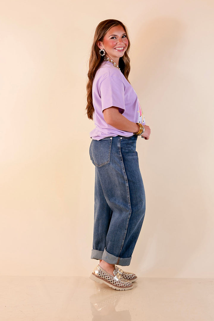 Here for the Fun "Dilly Dally" Stripe, Star and Polka Dot Print Short Sleeve Graphic Tee in Lavender Purple