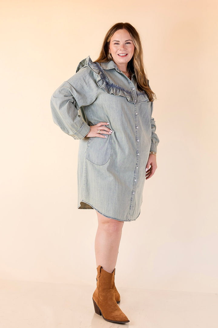 Blue Jean Beauty Denim Dress with Pockets and Ruffle Trim in Medium Wash