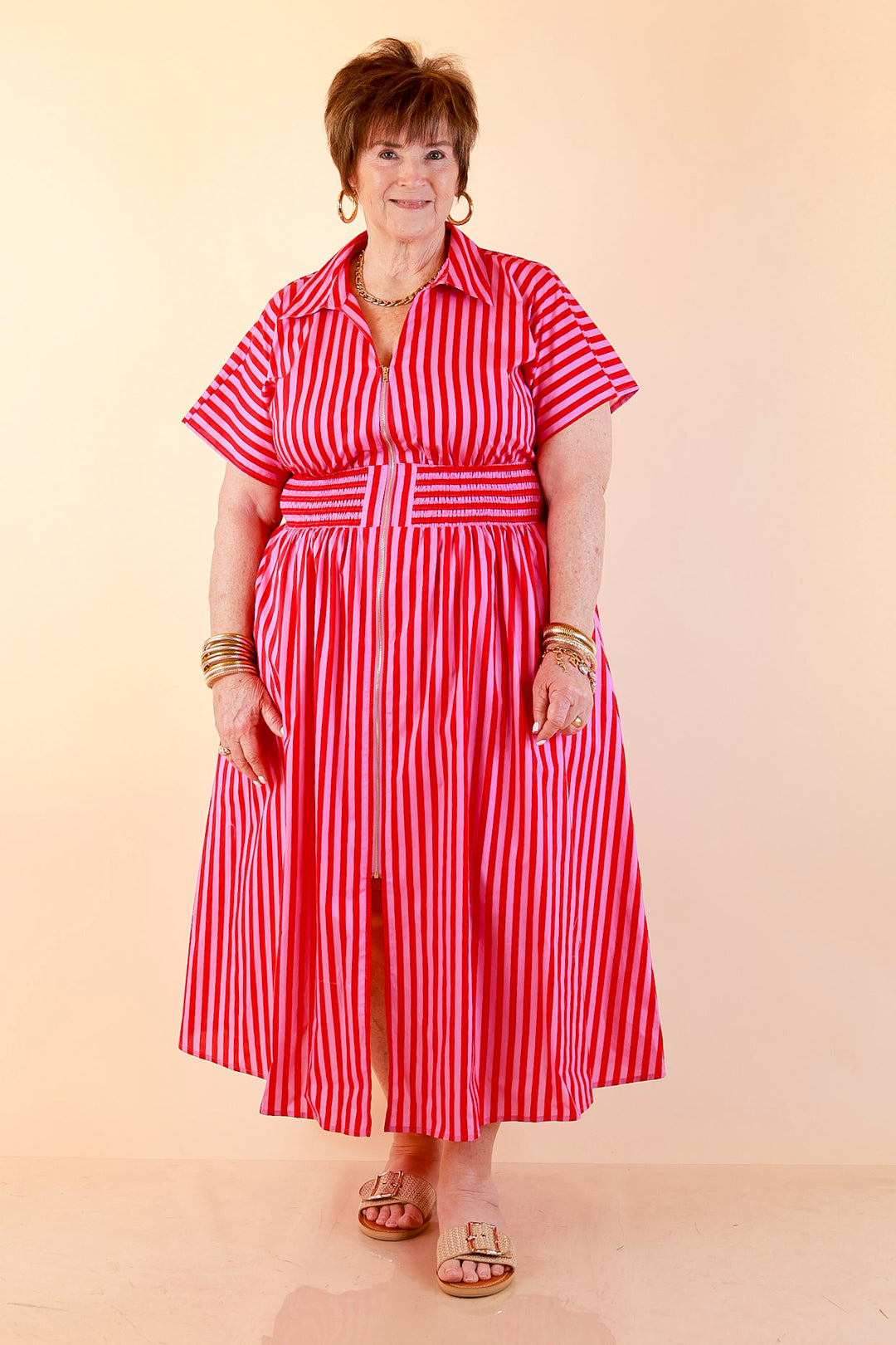 red and pink striped dress Zip Front Midi Stripe Dress Smocked Waist Short Sleeves in Red & Pink S