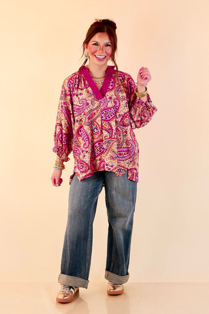 Caught My Eye Ruffle Contrast Stripe Detail Neck Balloon Sleeve Paisley Print Blouse in Fuchsia Pink Multi