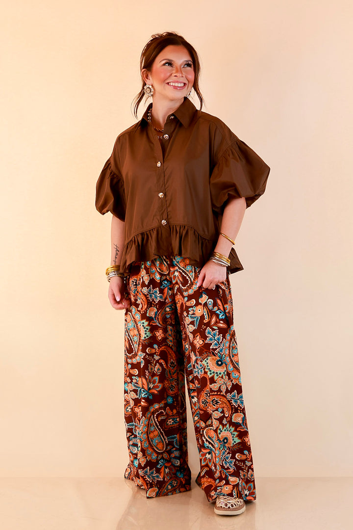 Free to Be Paisley Print Wide Leg Elastic Waist Pants in Chocolate Brown