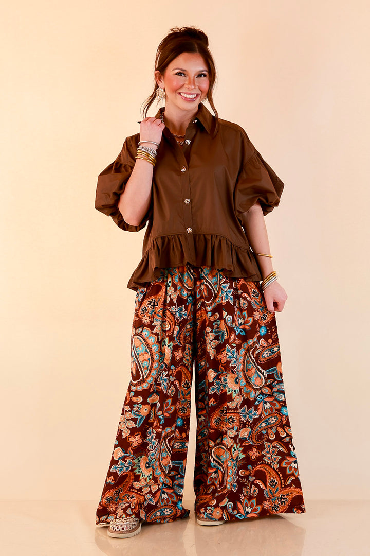 Style in Session Solid Button Down Peplum Bubble Sleeve Top in Chocolate Brown