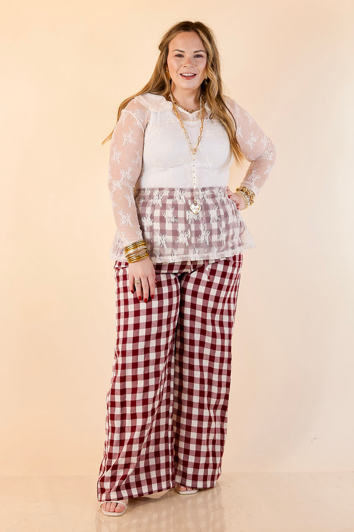 Pairs Well with Others Gingham Print Drawstring Pants with Elastic Waistband in Ivory and Maroon