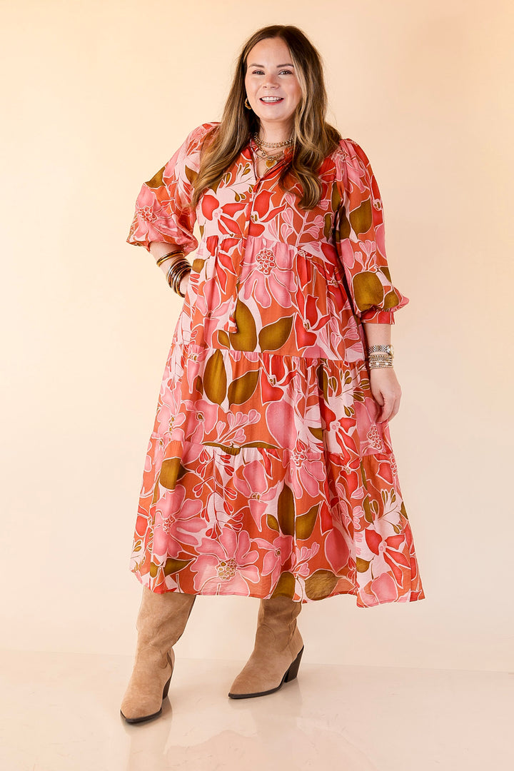 Budding Beauty Floral Print Midi Dress in Pink and Olive Green Mix