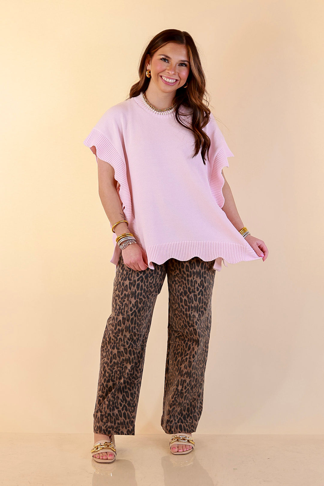 Mud Pie | Sweet Simplicity Scalloped Edge Side Tie Knit One Sized Poncho Sweater in Pink