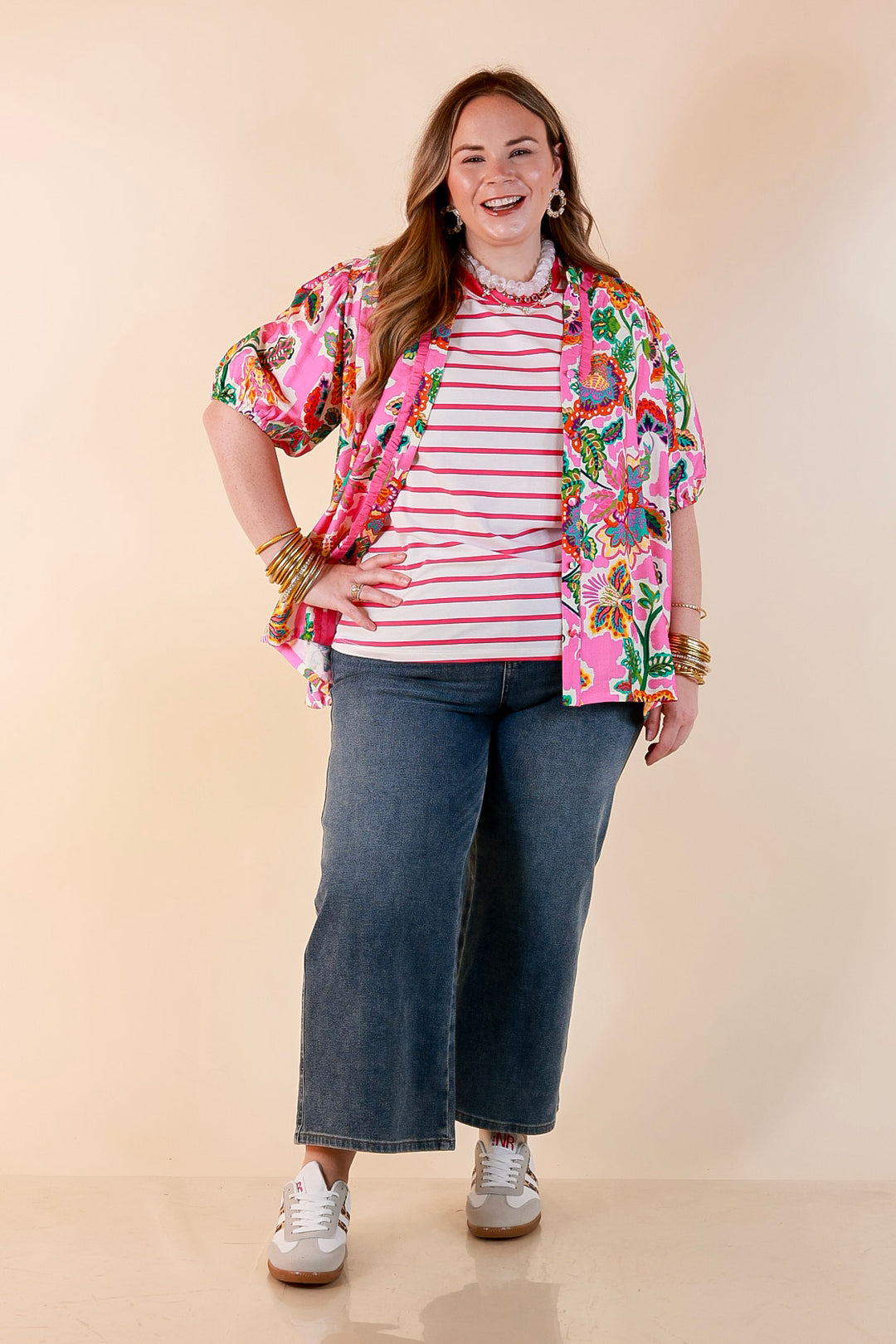 The Daily Stripe Scoop Neck Short Sleeve Striped Tee Top in Hot Pink