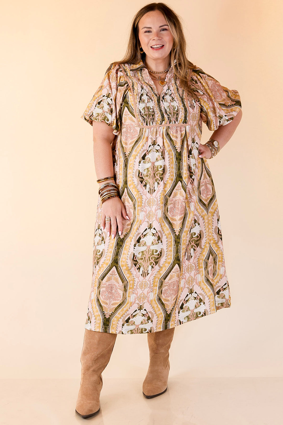 Whimsical Wonder Floral Abstract Print Collared Midi Dress in Pink and Olive Green Mix