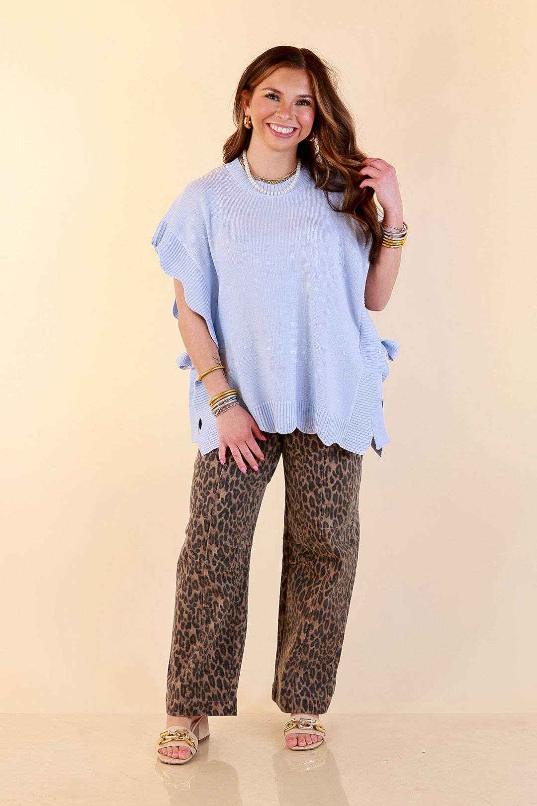 Mud Pie | Sweet Simplicity Scalloped Edge Side Tie Knit One Sized Poncho Sweater in Blue
