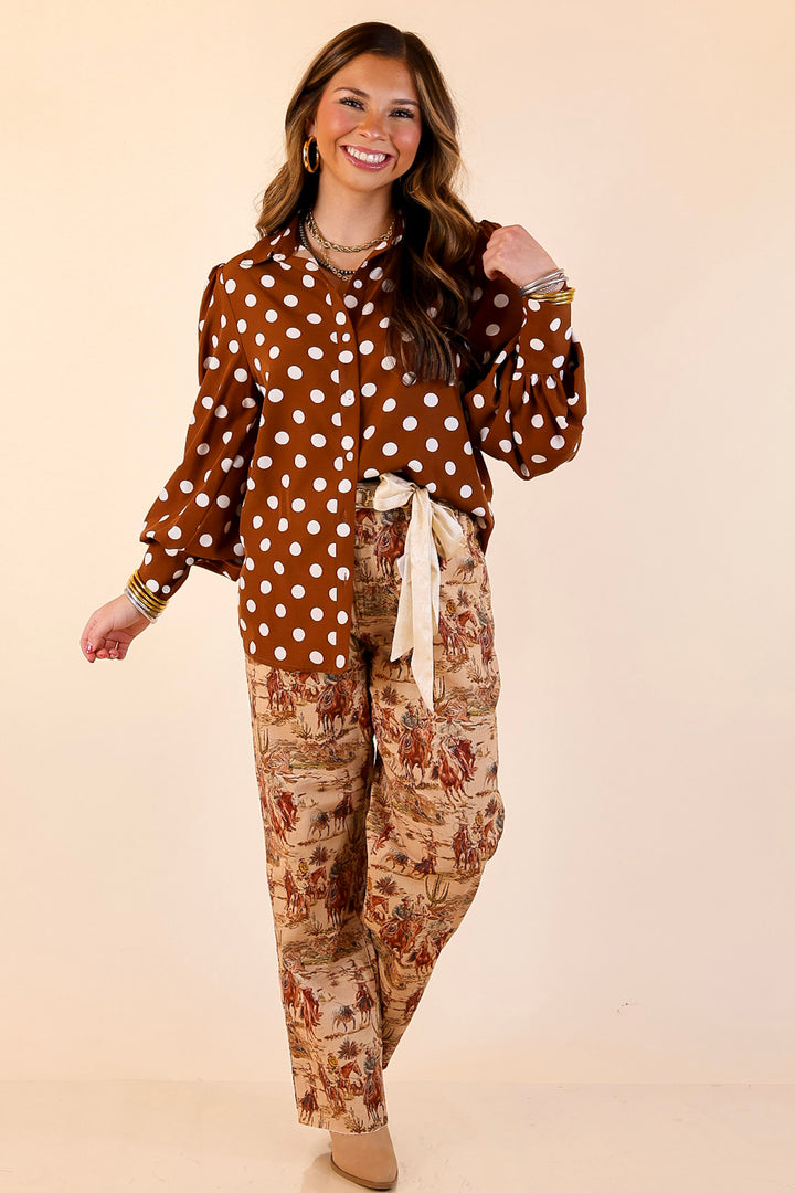 Better Together Polka Dot Button Up Collared Top with Poofy Sleeves in Brown