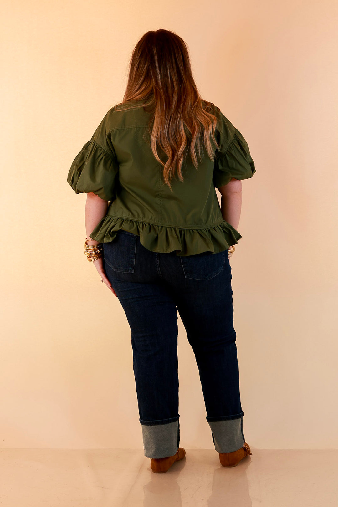 Style in Session Solid Button Down Peplum Bubble Sleeve Top in Olive Green
