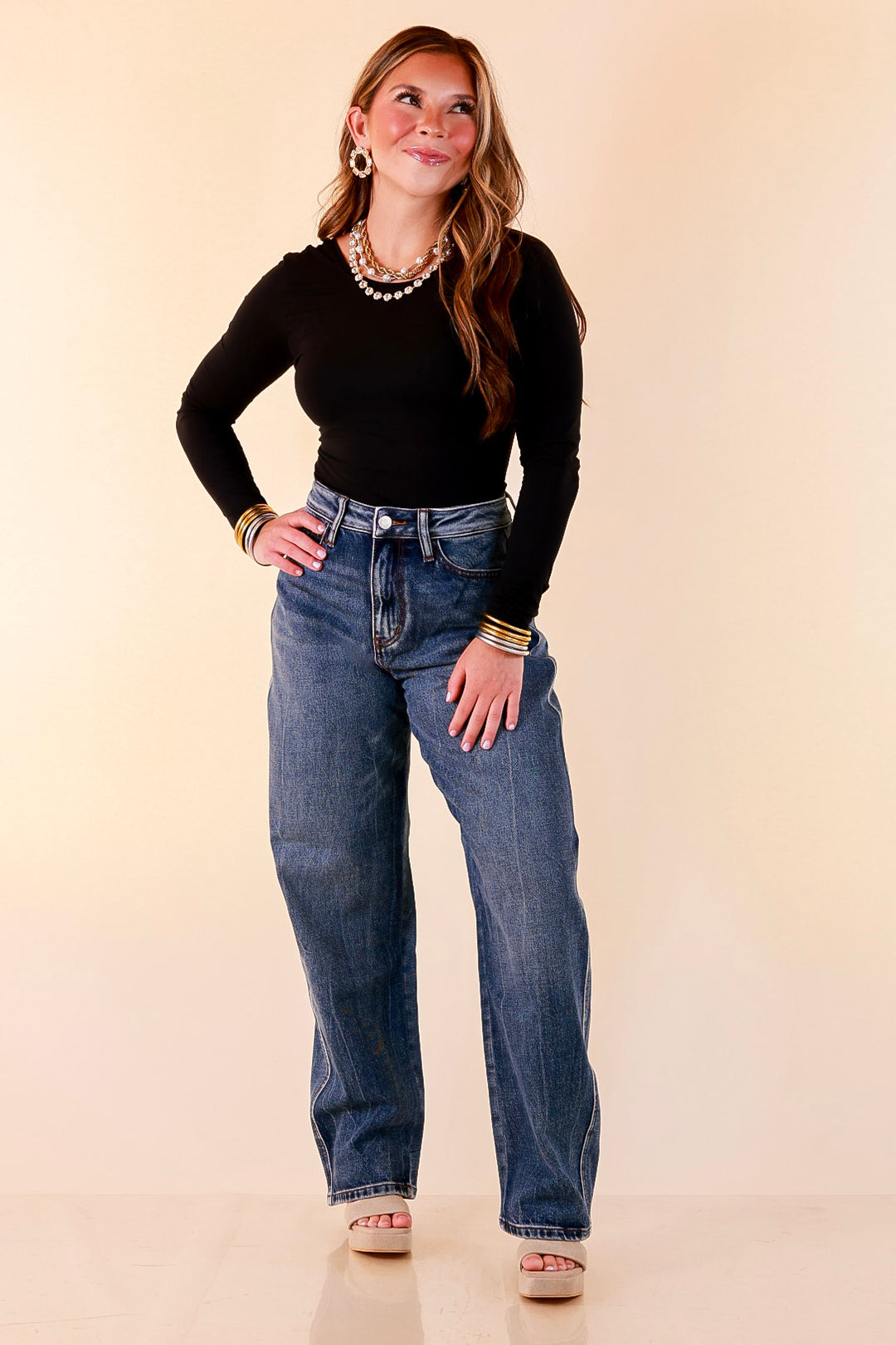 Judy Blue | Everyday Favorite Rigid Magic Marlow Arc Relaxed Wide Leg Barrel Jeans in Dark Weathered Indigo Wash