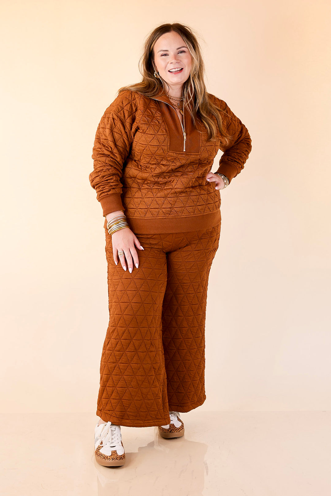 Everyday Elevated Quilted Wide Leg Drawstring Pants with Elastic Waistband in Rust Brown