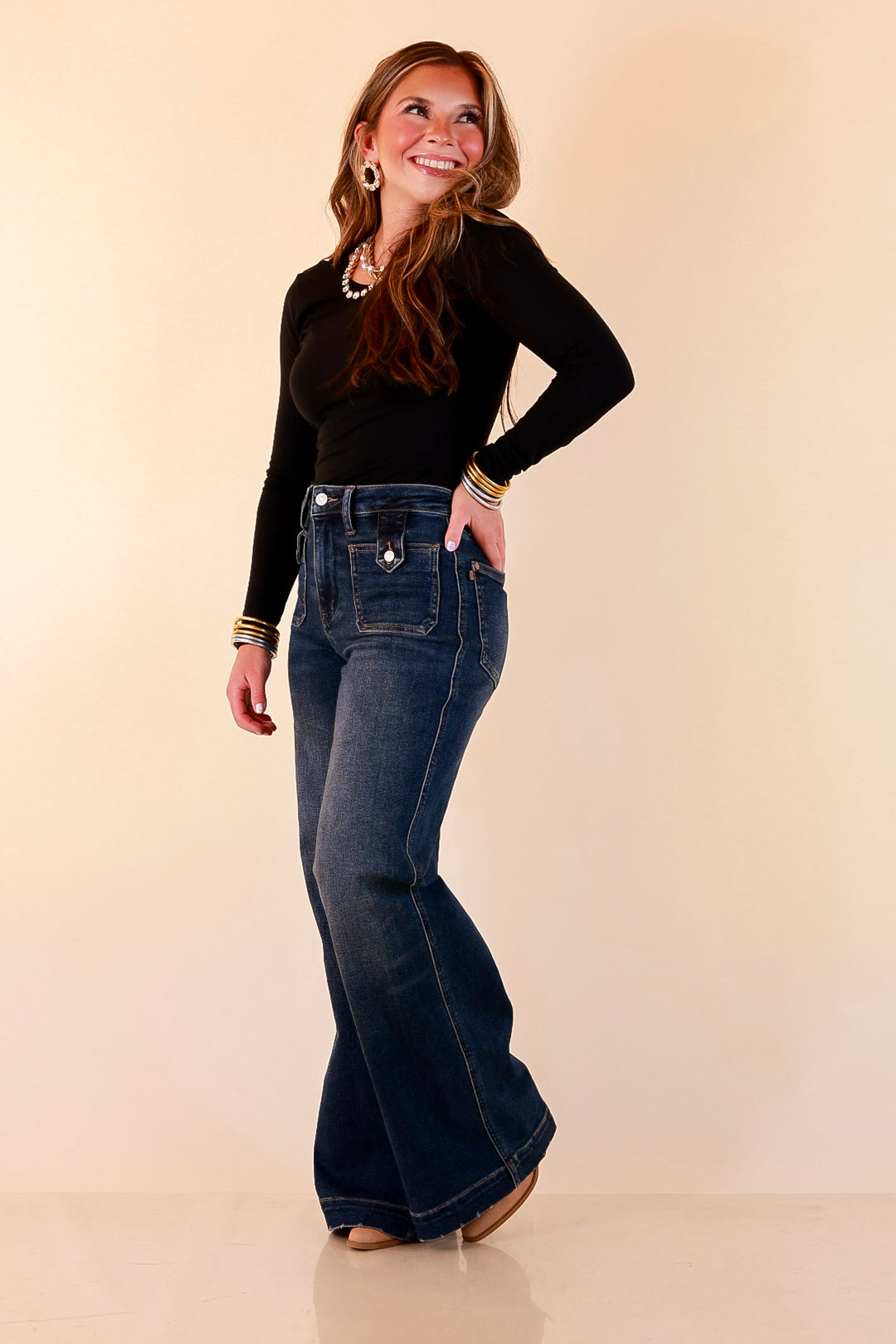 Judy Blue | Classic Companion Luxe Retro Wide Leg Jeans with Front Patch Pockets in Dark Indigo Wash