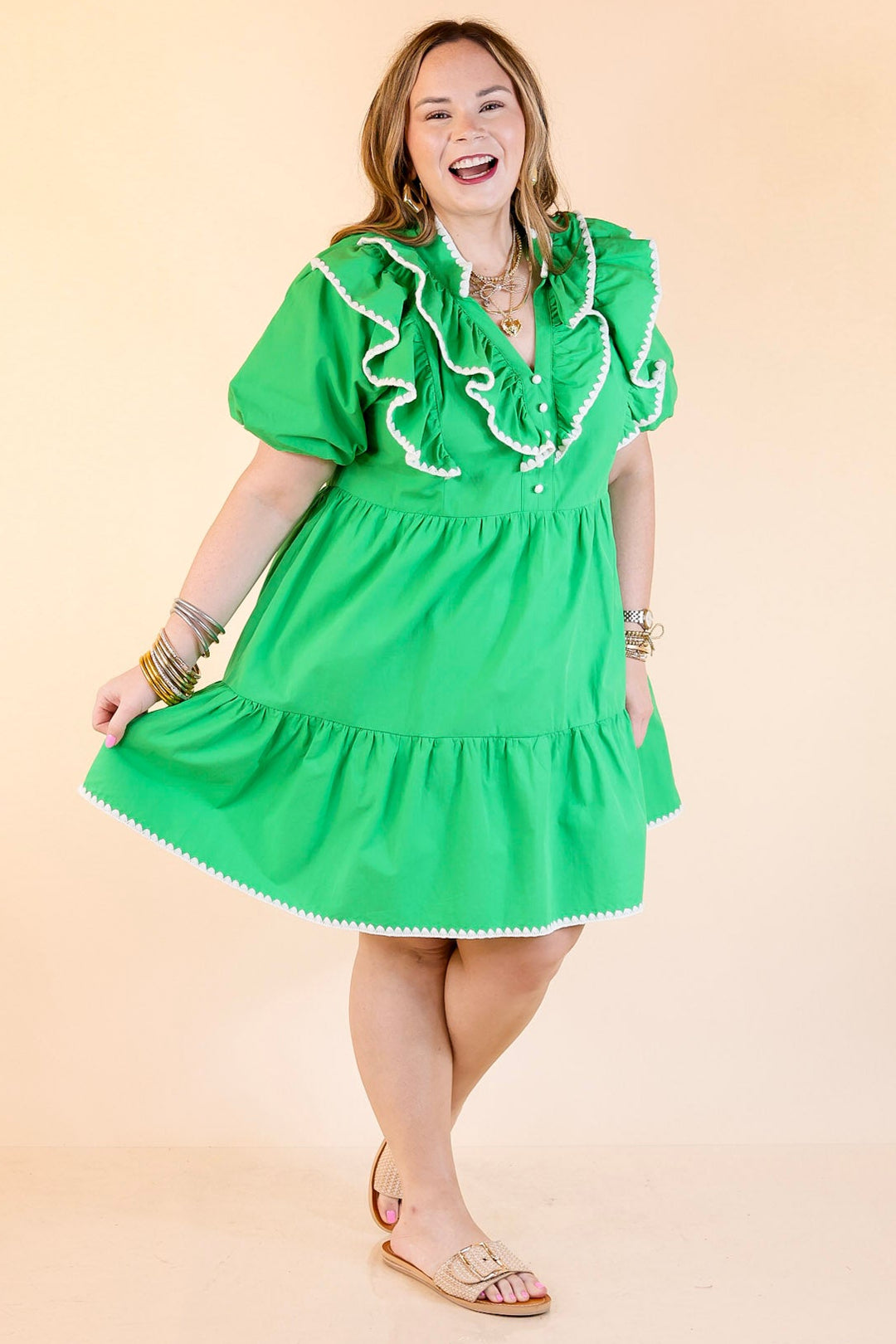 Frill Seeker A-Line Dress with Crochet Trim and Ruffle Detail in Green