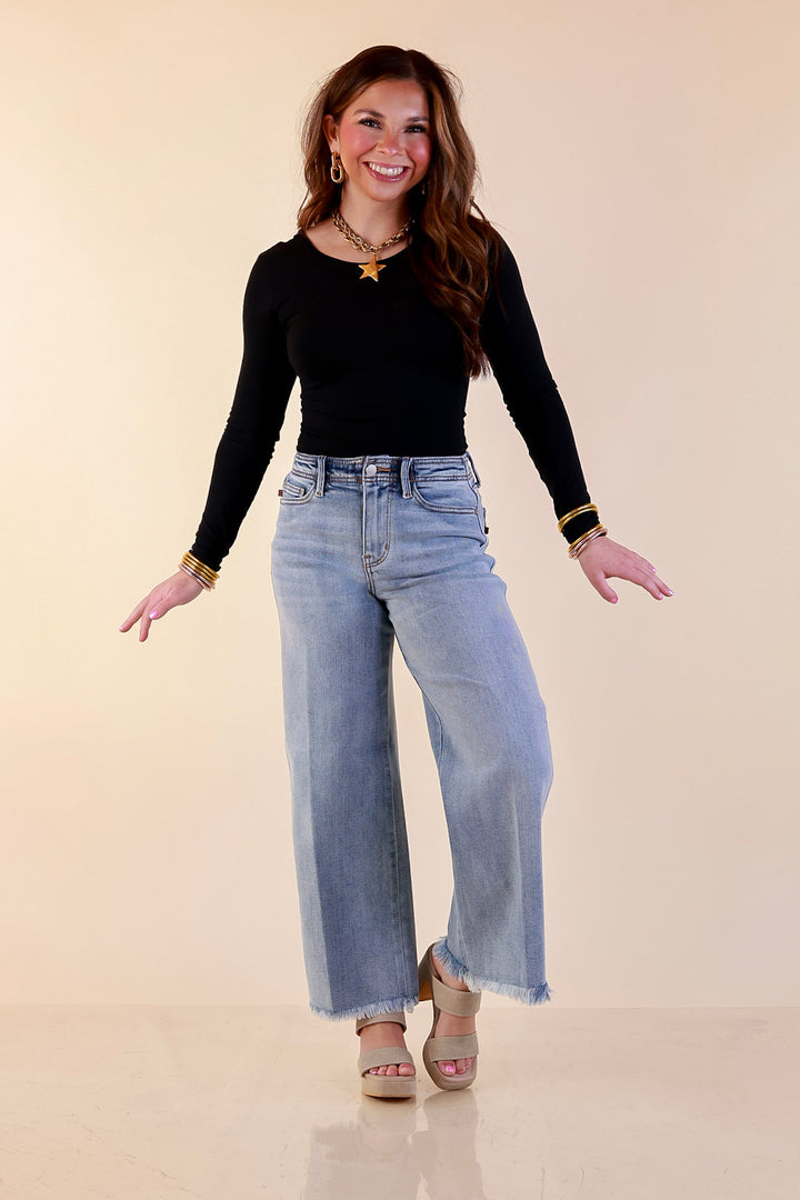 Judy Blue | Lighten the Mood Release Hem Cropped Wide Leg Jeans in Light Wash