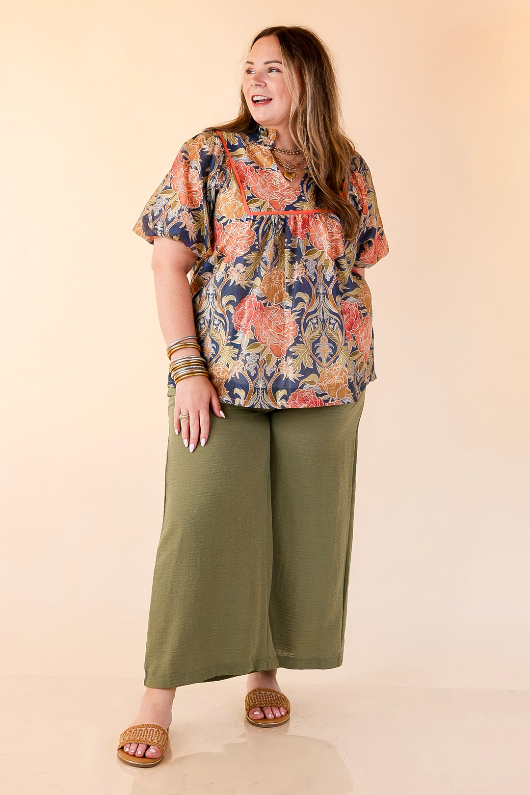 Blooming Days Ahead Floral Print V Neck Blouse with Puff Sleeves and Ruffle Trim Collar in Navy Mix