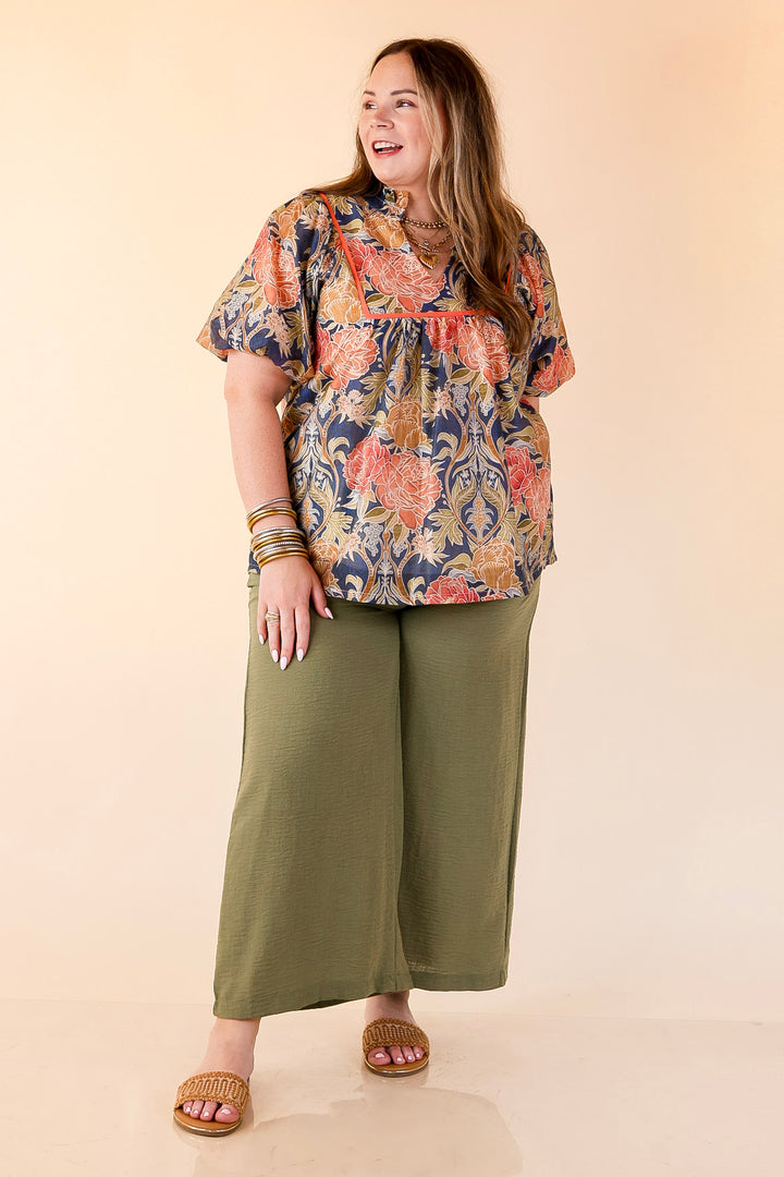 Blooming Days Ahead Floral Print V Neck Blouse with Puff Sleeves and Ruffle Trim Collar in Navy Mix