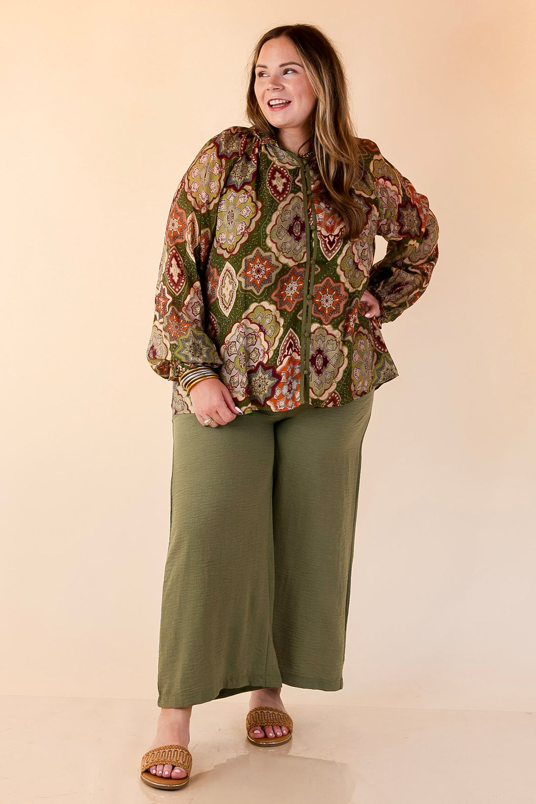 Mosaic Muse Boho Mosaic Print Long Balloon Sleeve Blouse in Olive Green, Maroon and Rust Orange