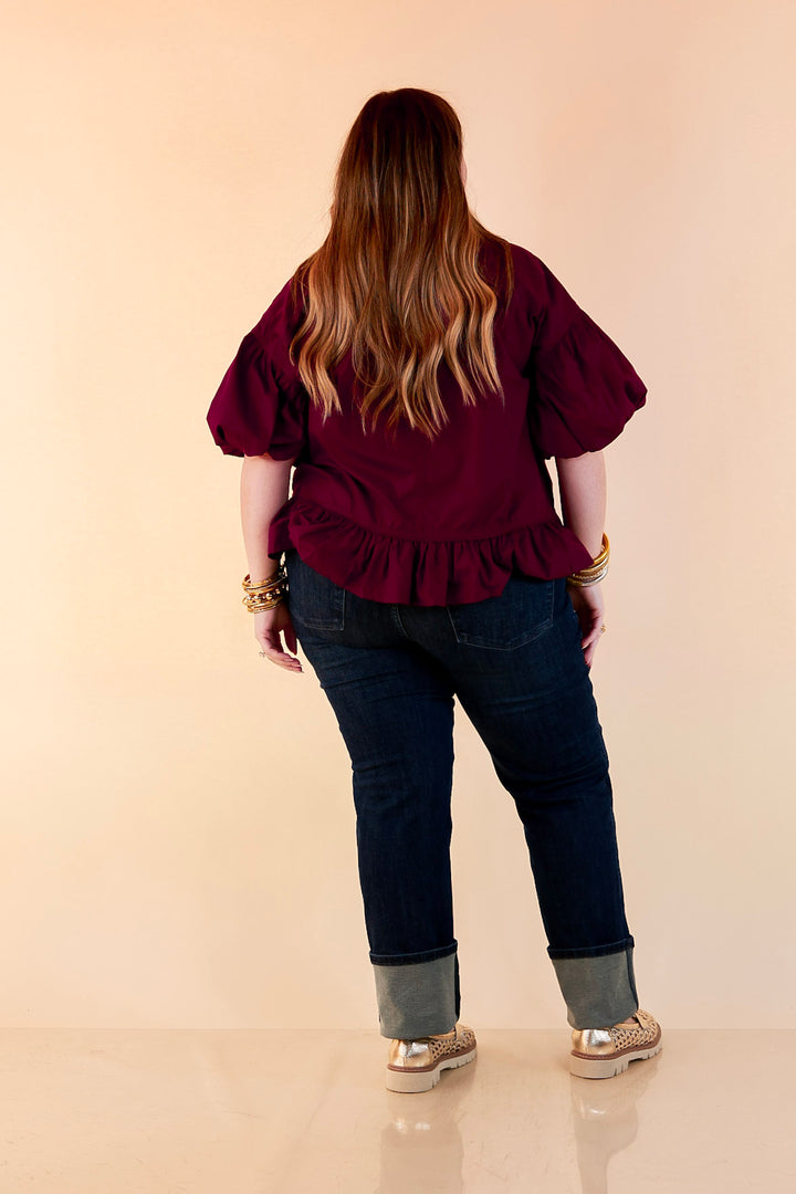 Style in Session Solid Button Down Peplum Bubble Sleeve Top in Maroon
