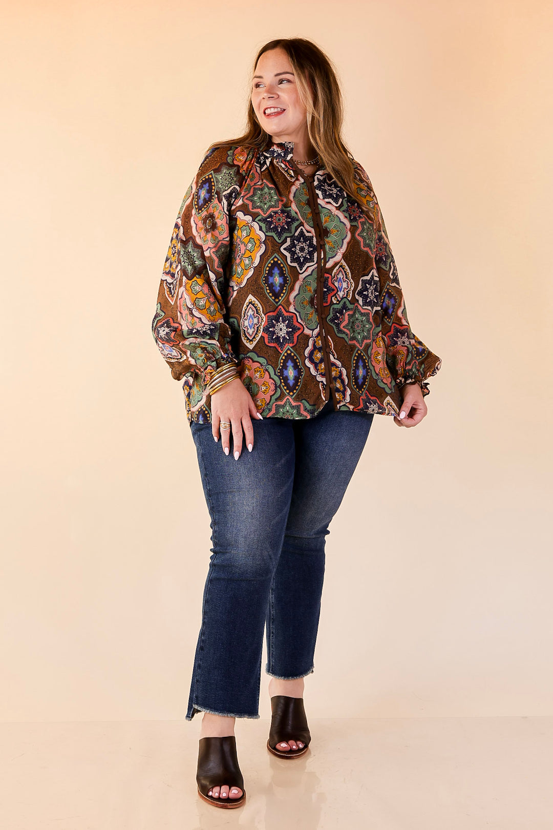 Mosaic Muse Boho Mosaic Print Long Balloon Sleeve Blouse in Brown, Pink, Navy and Cream