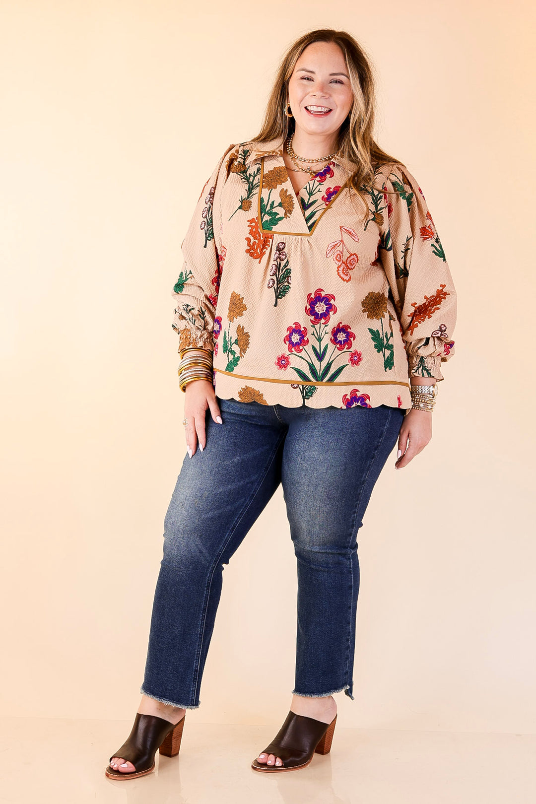 Garden Soirée Floral Print Collared Blouse with Long Balloon Sleeves in Tan