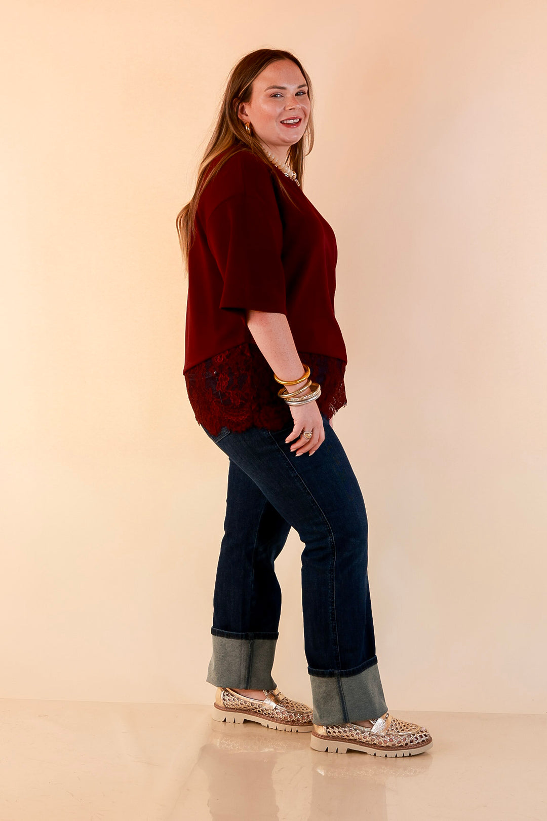 Laced with Charm Oversized Asymmetrical Lace Trim Boxy Top in Maroon