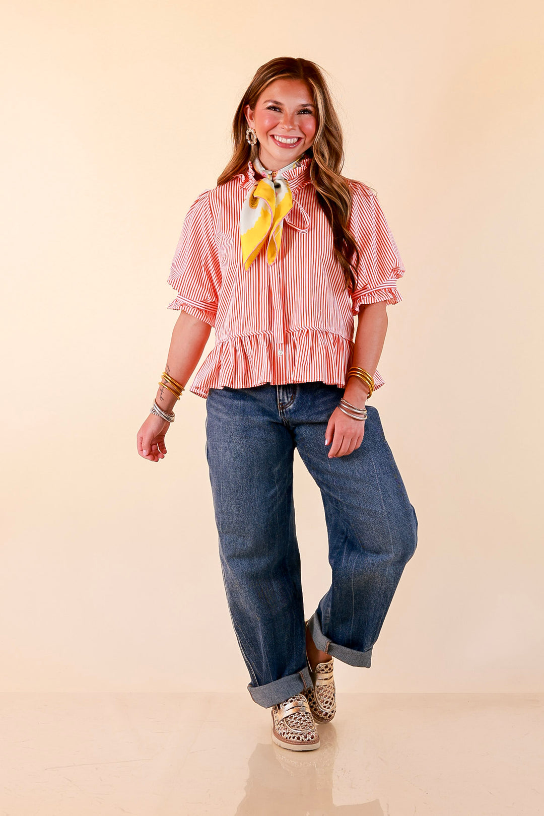 Tea Time Charm Tie Neck Puff Sleeve Peplum Button Front Stripe Blouse in Orange