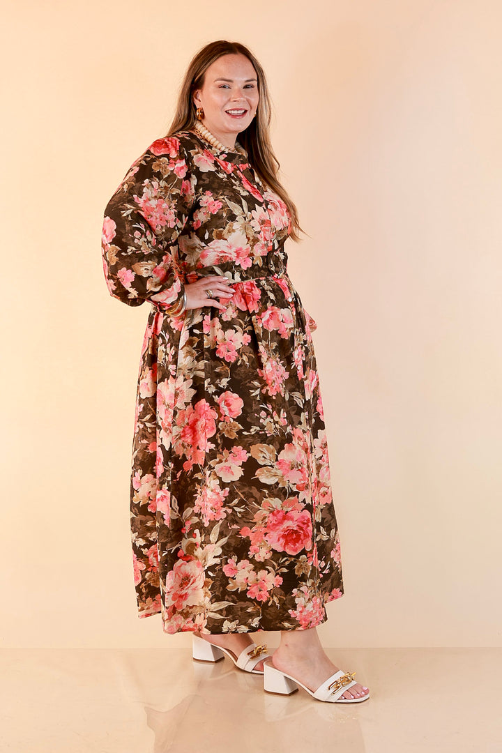 Written in the Roses Long Sleeve Floral Button Front Belted Midi Dress in Olive Green Multi