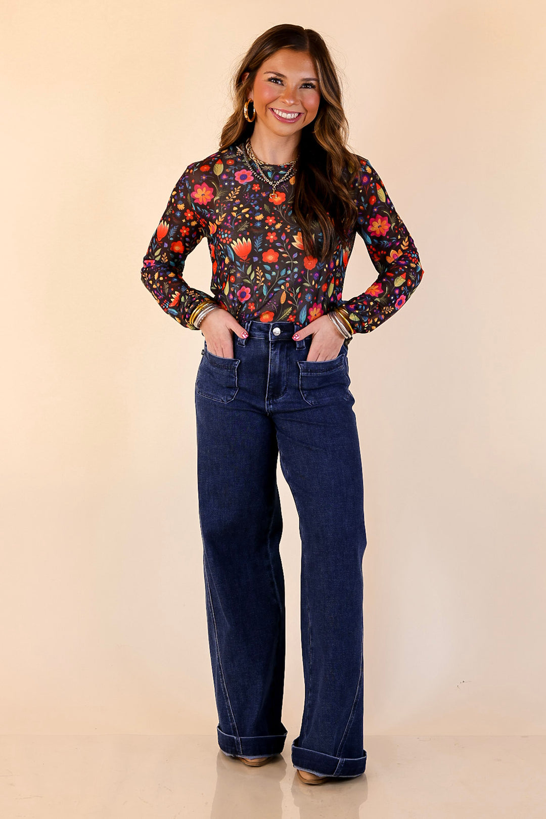 The Perfect Layer Colorful Floral Fiesta Print Mesh Long Sleeve Top in Black