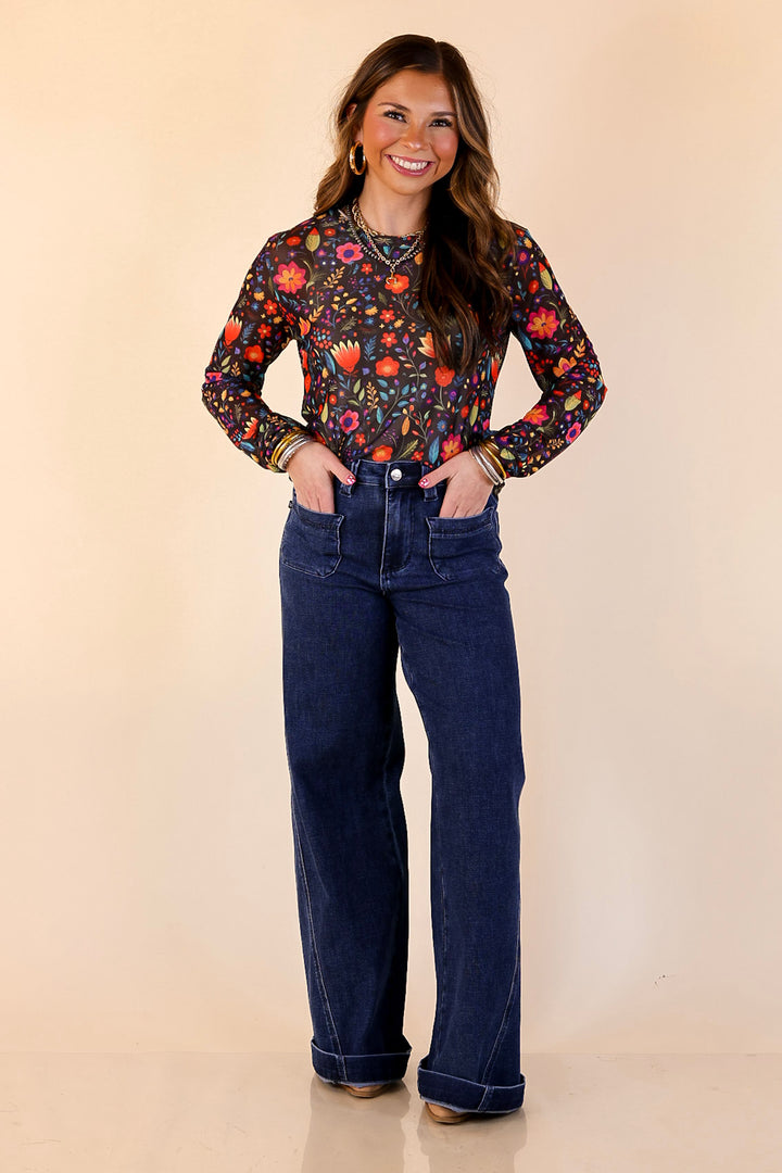 The Perfect Layer Colorful Floral Fiesta Print Mesh Long Sleeve Top in Black