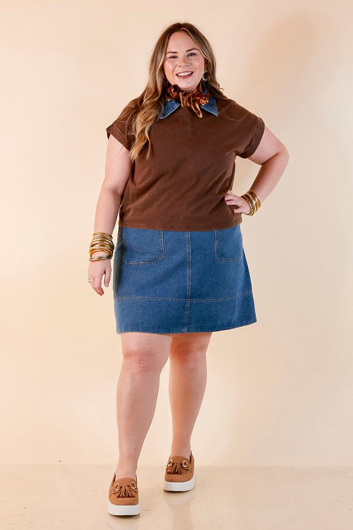 Easy Chic Mineral Washed Short Sleeve Cropped Tee in Chocolate Brown
