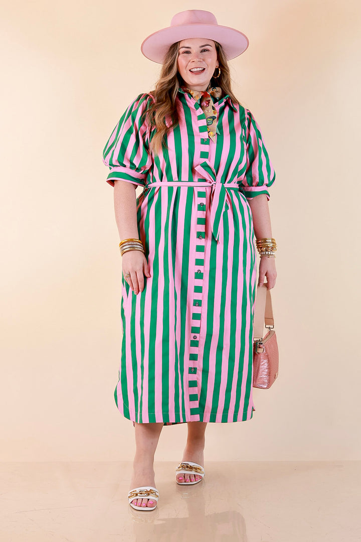 Palm Springs Pretty Puff Sleeve Button Front Belted Midi Dress with Stripe Print in Pink and Kelly Green