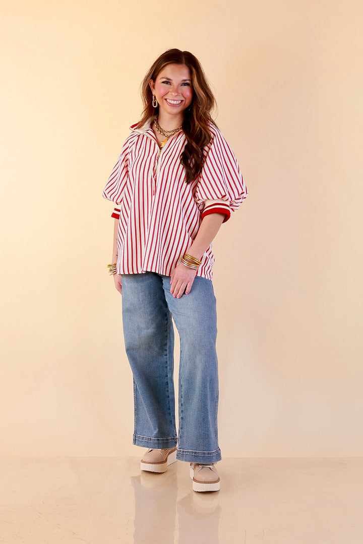 Bold Instincts Striped Print Half Zip Top with Puff Sleeves in Red and Ivory
