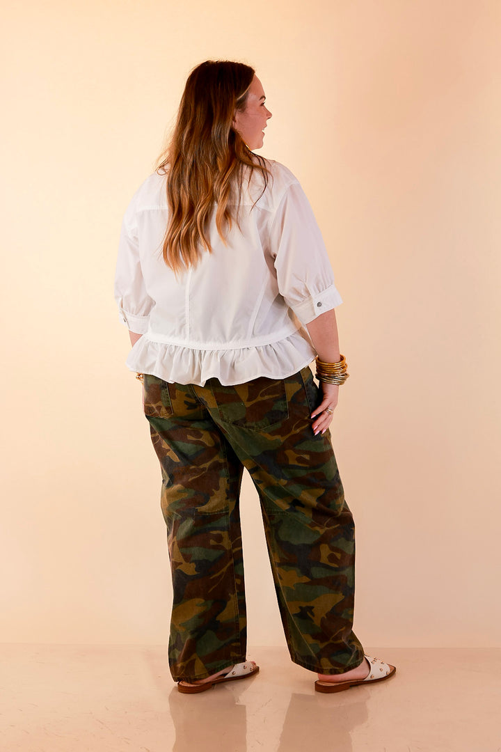 Style Agenda Solid Button Down Peplum Top in White