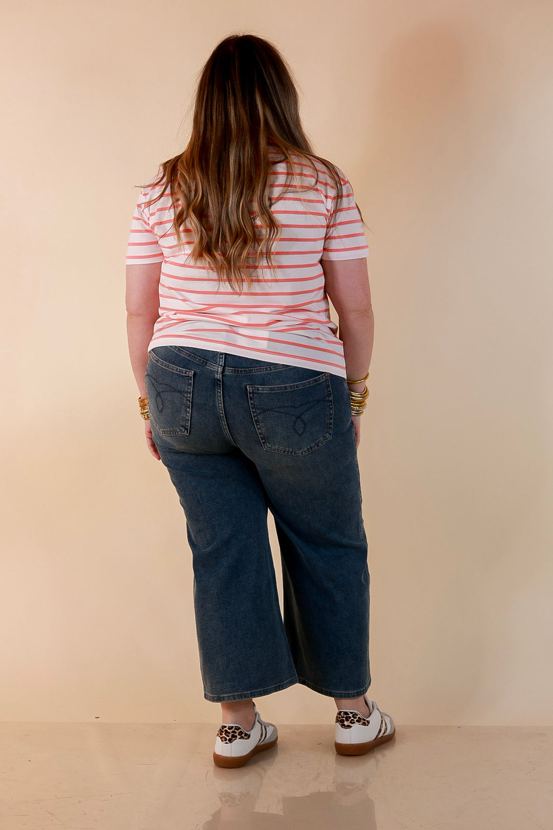 The Daily Stripe Scoop Neck Short Sleeve Striped Tee Top in Coral Orange
