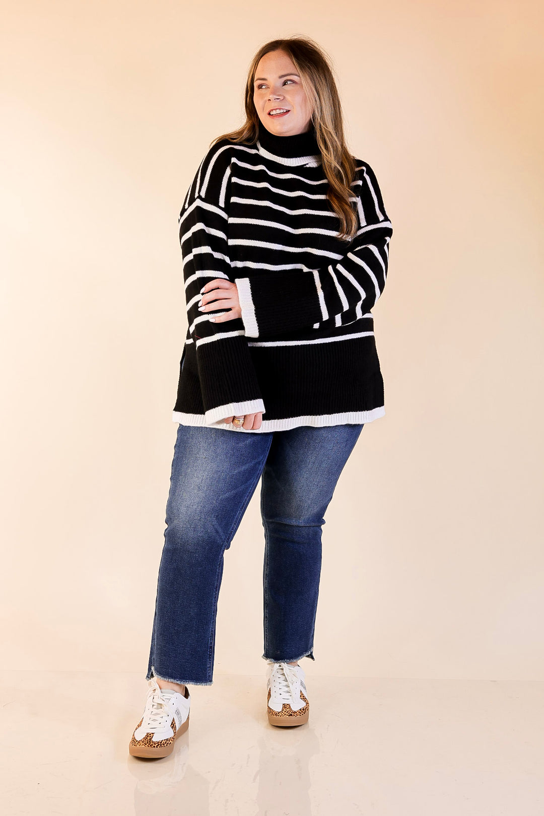 Mud Pie | Dunn Turtleneck Sweater with White Stripes in Black