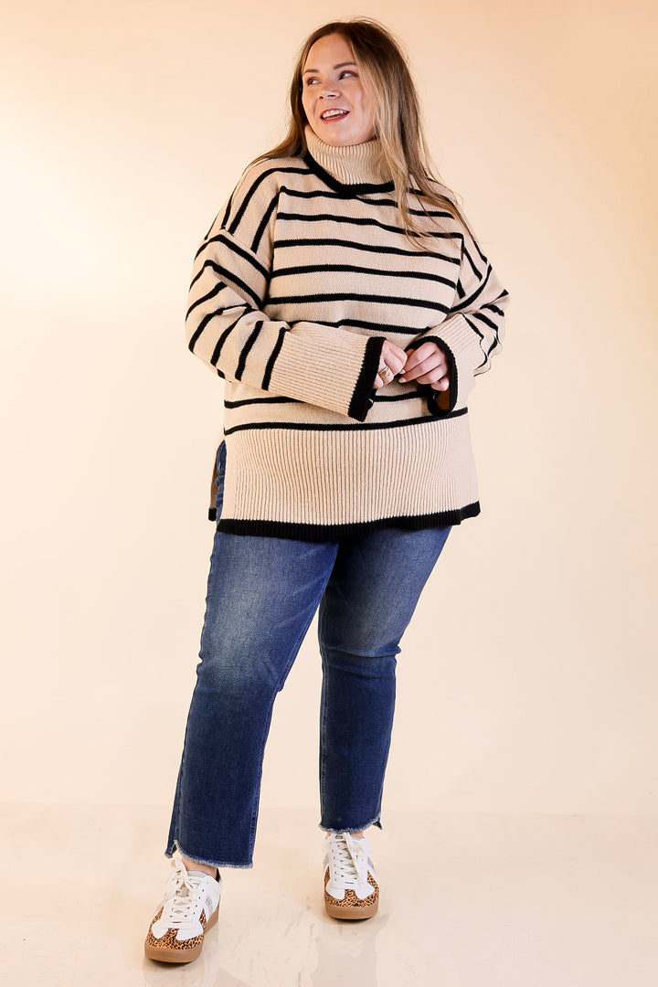 Mud Pie | Dunn Turtleneck Sweater with Black Stripes in Tan