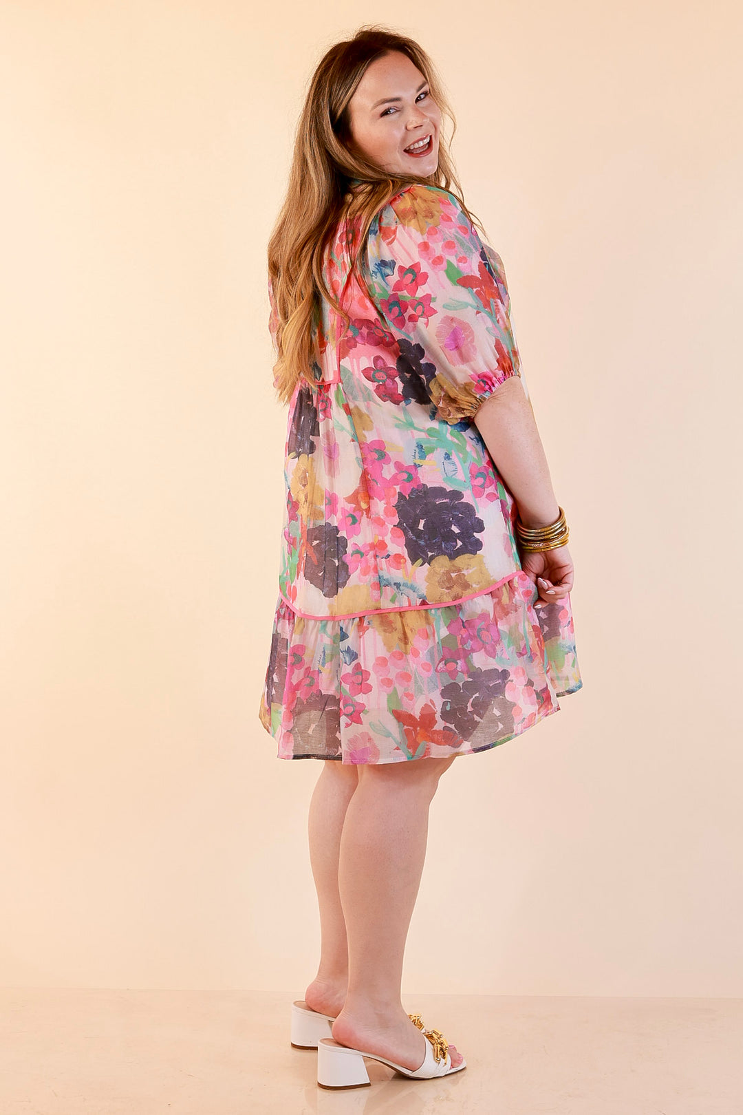 Painted Pretty Floral Print Smocked Yoke Dress with Tie Neckline and Puff Sleeves in Pink Mix