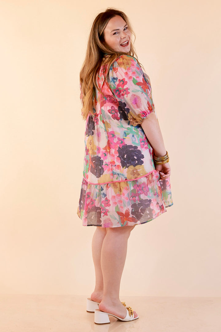 Painted Pretty Floral Print Smocked Yoke Dress with Tie Neckline and Puff Sleeves in Pink Mix