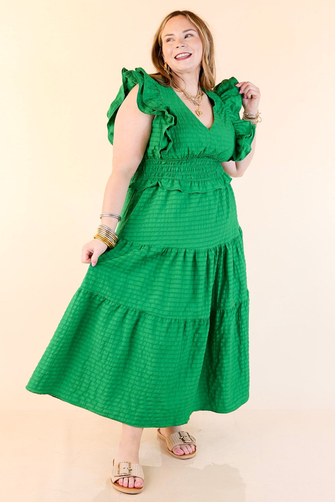 Green Smocked Waist Tiered Maxi Dress fit and styling