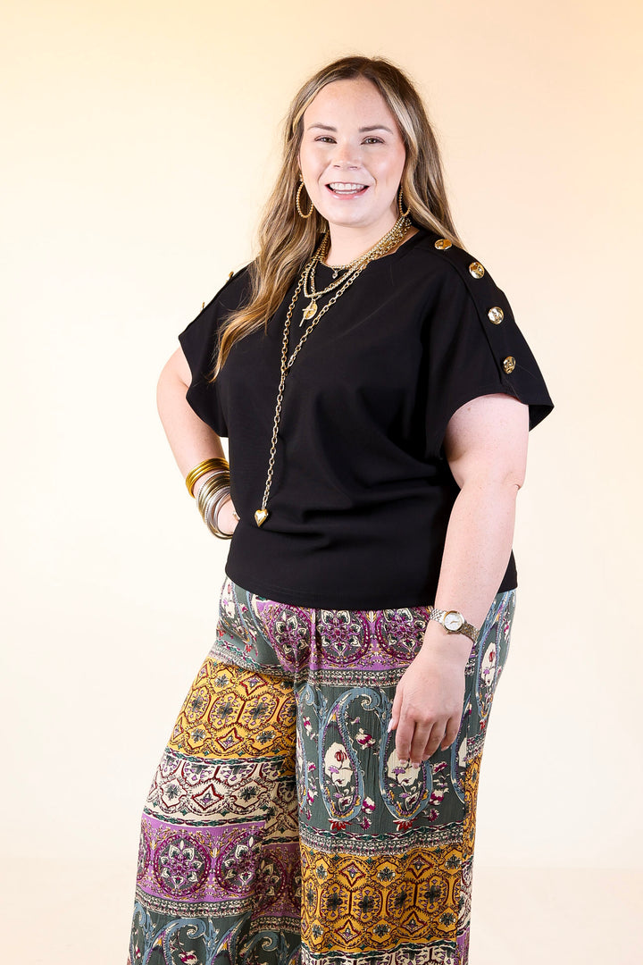 Golden Hour Glow Ribbed Crew Neck Top With Gold Button Detailing in Black