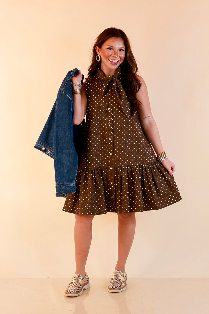 Sweet Spot Denim Polka Dot Bow Neck Tie Button Front Drop Waist Dress in Chocolate Brown