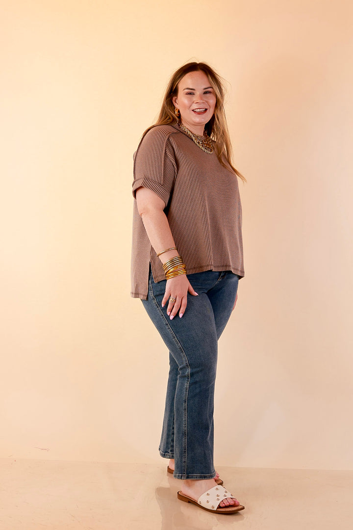 Daily Perfection Scoop Neck Short Sleeve Ribbed Top in Dark Mocha Brown