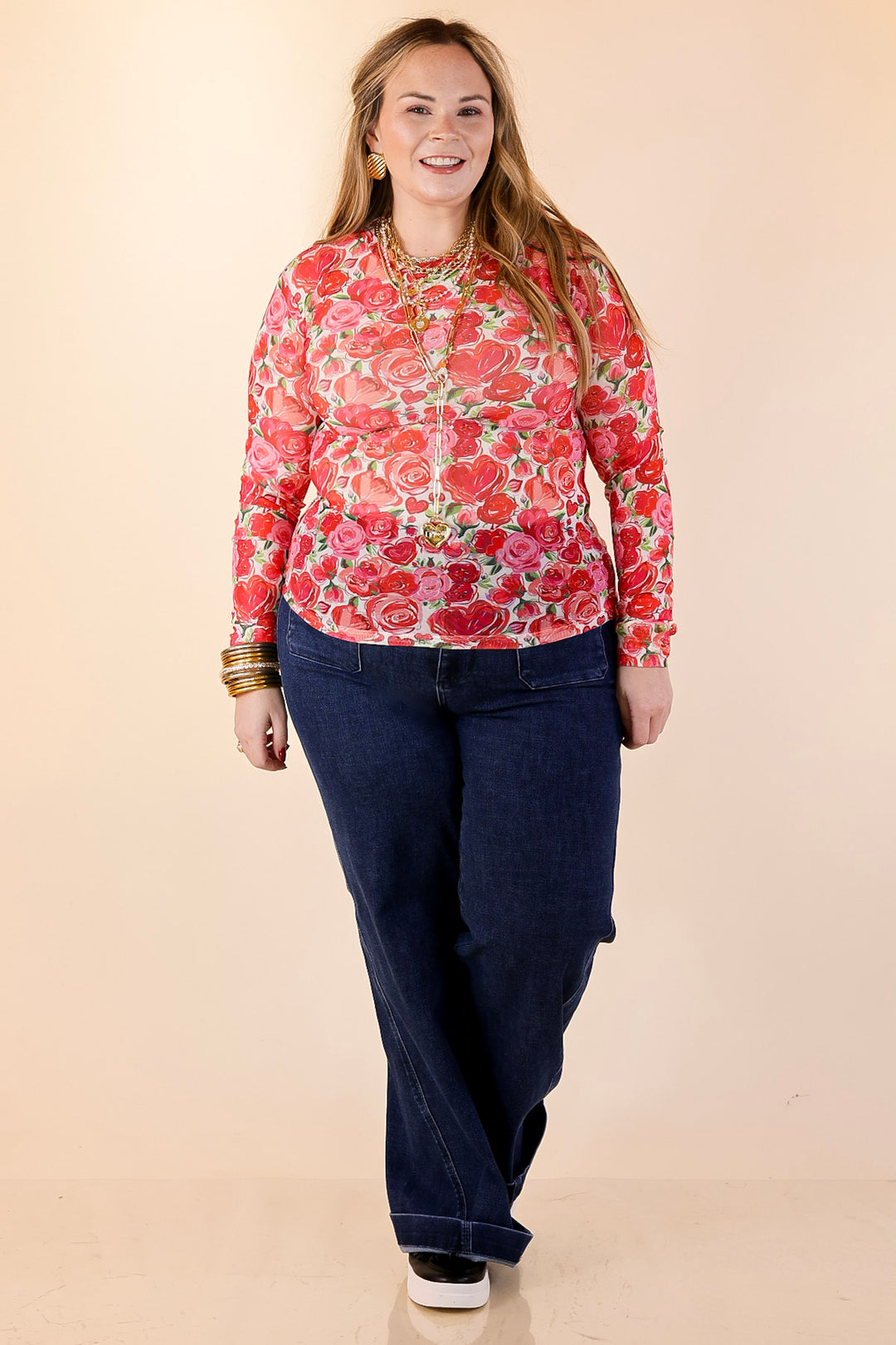 The Perfect Layer Colorful Floral and Hearts Print Mesh Long Sleeve Top in White