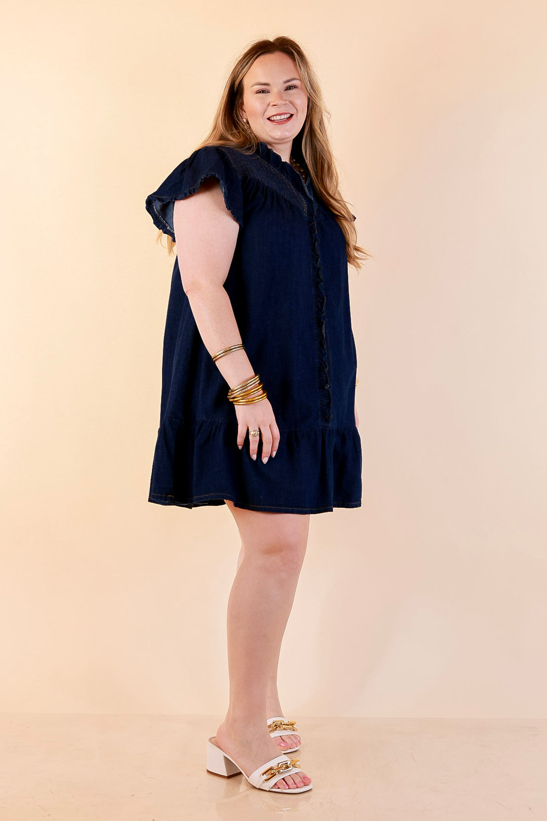 Day to Day Denim Smocked Yoke Dress with Ruffle Front and Flutter Sleeves in Dark Wash