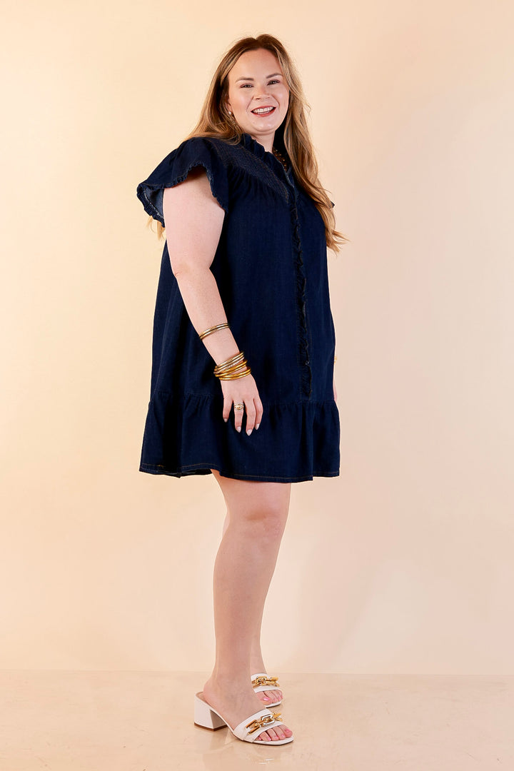 Day to Day Denim Smocked Yoke Dress with Ruffle Front and Flutter Sleeves in Dark Wash