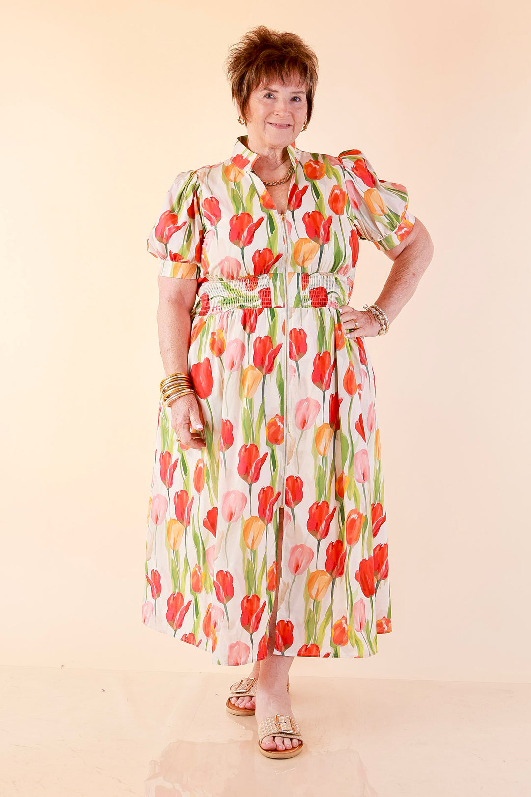 Modern Charm Zip Front Midi Tulip Print Dress with Smocked Waist and Short Sleeves in Cream