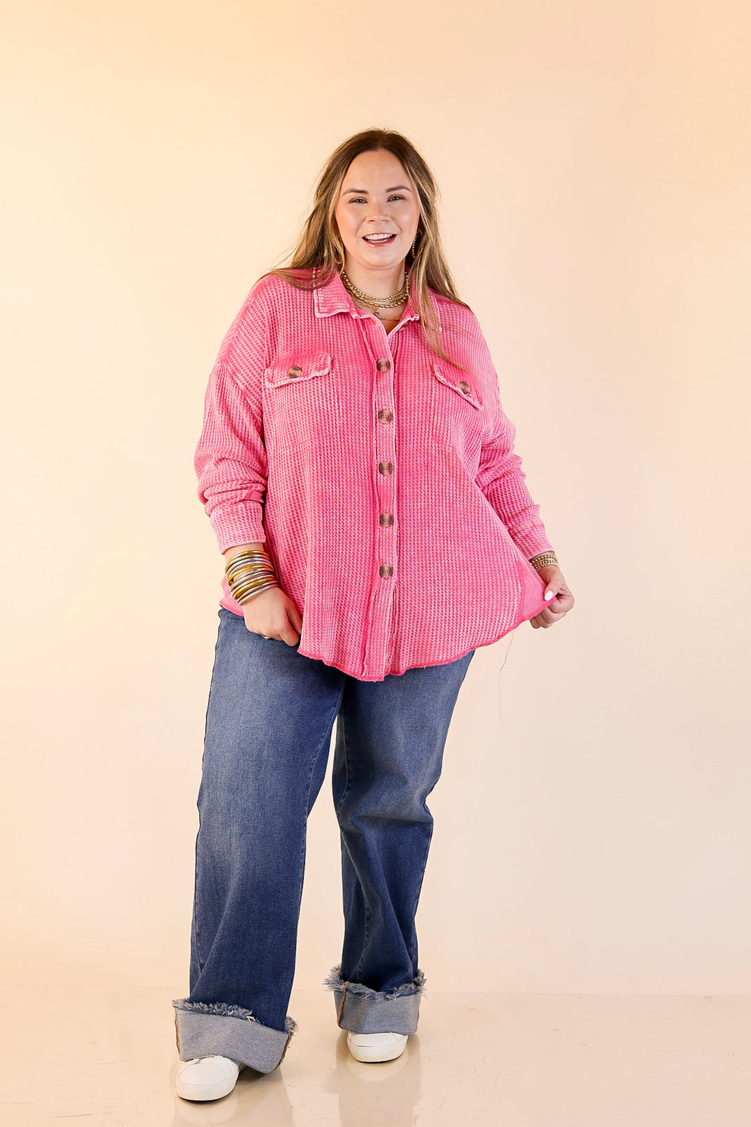 On the Move Long Sleeve Waffle Knit Button Up Shacket in Pink