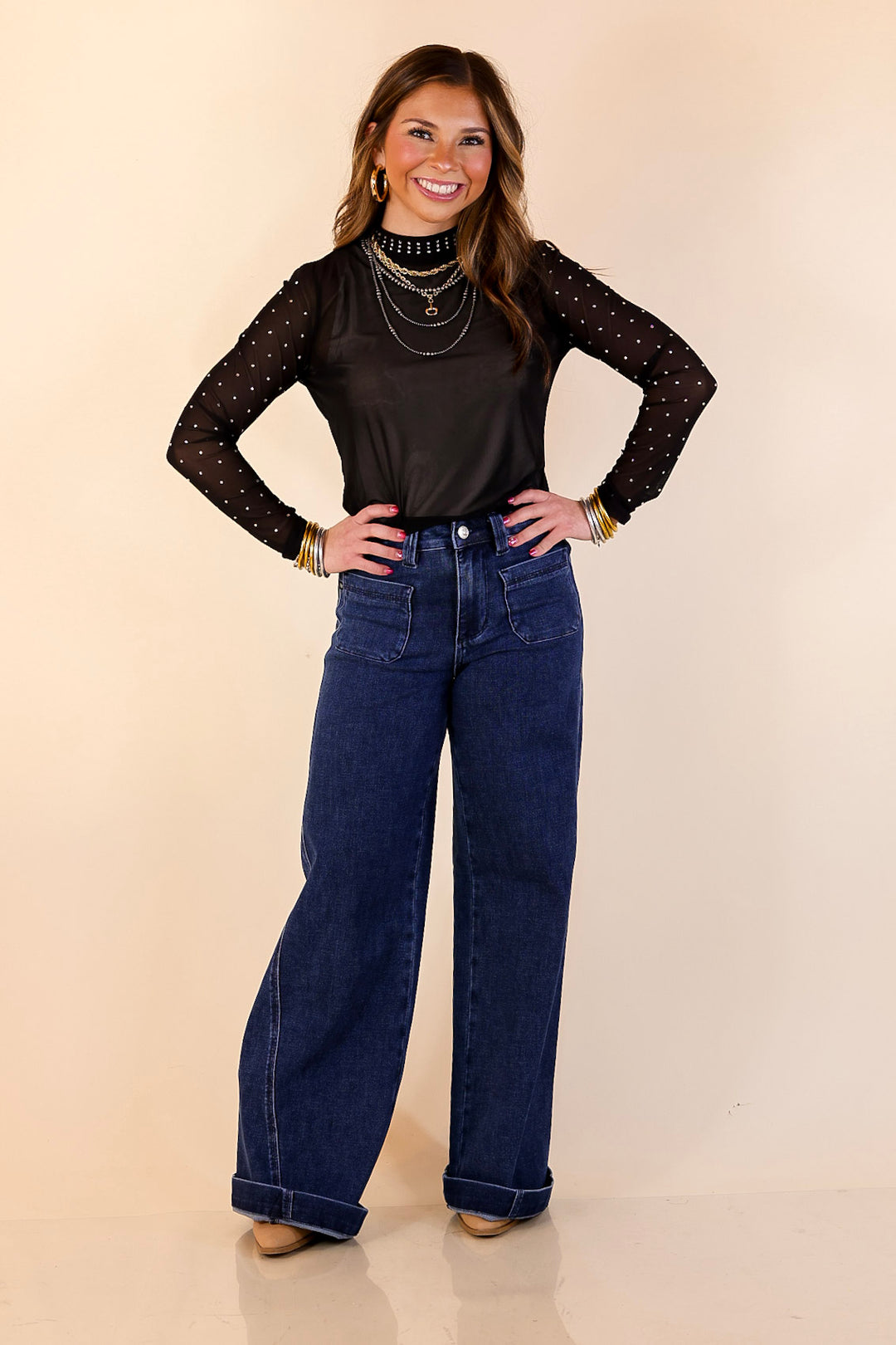 Sheer Confidence Solid Mesh Long Sleeve Top with Rhinestone Detailing in Black